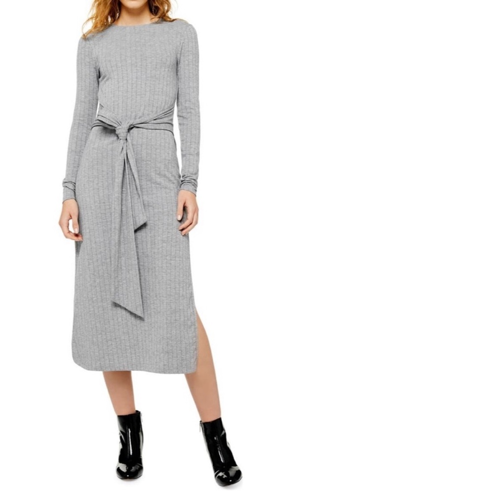 Topshop Gray Tie Waist Long Sleeve Knit Midi Dress 6